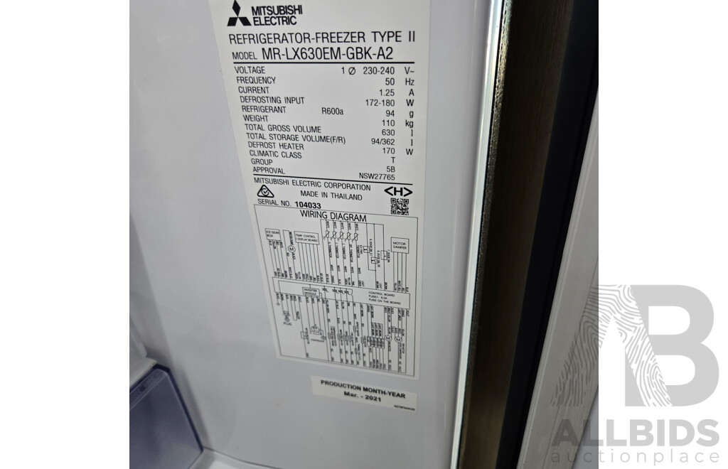 Mitsubishi Electric 630L Black French Door Fridge Freeze (MR-LX630EM-GBK-A2)