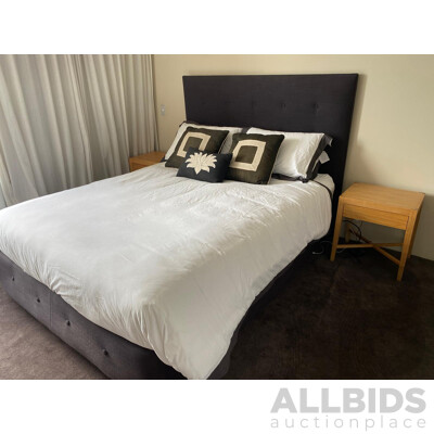 Queensize Bed, Chocolate Fabric Base and Headboard and All Linen and Bedside Tables..