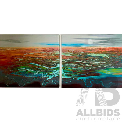 Dahl, Astrid (1944-) 'Let the Deserts Thirst No More', Diptych - Acrylic on Canvas, 91 X 82cm Each
