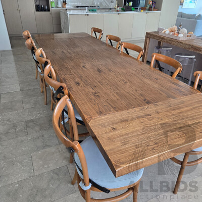 Stunning Eleven Piece Solid Modern Mahogany Dining Setting with Metal and Timber Cross Frame Chairs with Seafoam Coloured Cushions
