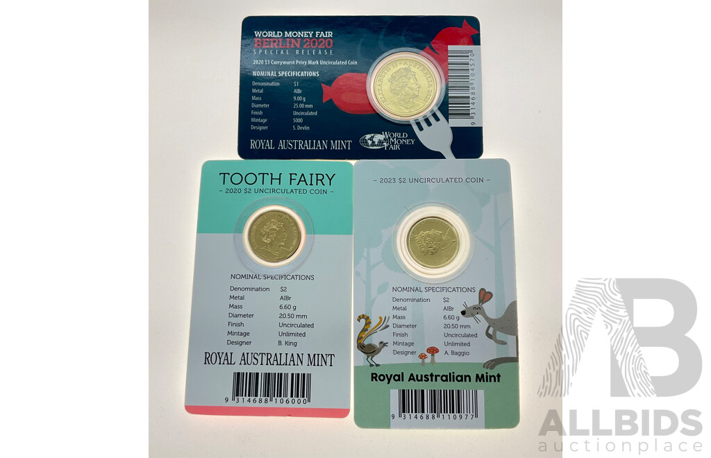 Three Australian RAM Commemorative Coins Including 2020 One Dollar World Money Fair Currywurst Privy Mark, Two Dollars 2020 and 2023 Tooth Fairy