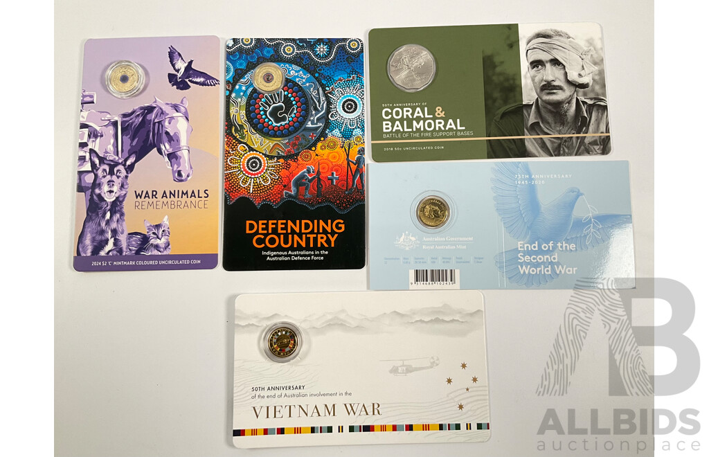 Five Australian Commemorative Military Themed Commemorative Coins Including Two Dollar 2023 Vietnam 50th Anniversary, 2020 End of WW2, 2024 War Animals, 2021 Indigenous in Defence Forces, 2018 Fifty Cent, 50th Anniversary Coral & Balmoral
