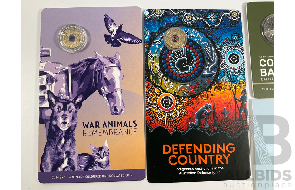 Five Australian Commemorative Military Themed Commemorative Coins Including Two Dollar 2023 Vietnam 50th Anniversary, 2020 End of WW2, 2024 War Animals, 2021 Indigenous in Defence Forces, 2018 Fifty Cent, 50th Anniversary Coral & Balmoral