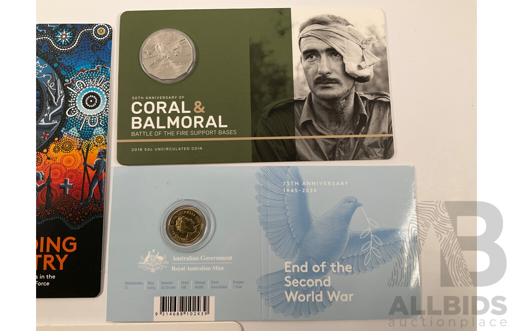 Five Australian Commemorative Military Themed Commemorative Coins Including Two Dollar 2023 Vietnam 50th Anniversary, 2020 End of WW2, 2024 War Animals, 2021 Indigenous in Defence Forces, 2018 Fifty Cent, 50th Anniversary Coral & Balmoral