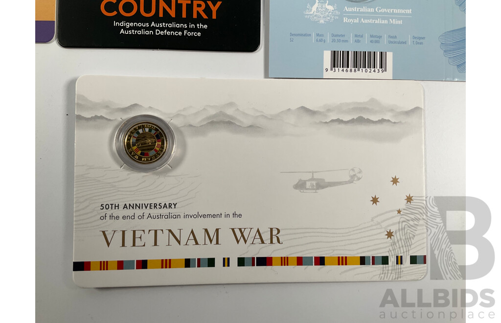 Five Australian Commemorative Military Themed Commemorative Coins Including Two Dollar 2023 Vietnam 50th Anniversary, 2020 End of WW2, 2024 War Animals, 2021 Indigenous in Defence Forces, 2018 Fifty Cent, 50th Anniversary Coral & Balmoral