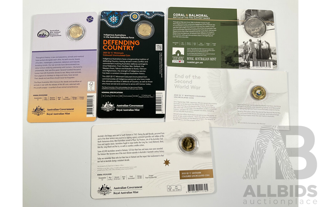 Five Australian Commemorative Military Themed Commemorative Coins Including Two Dollar 2023 Vietnam 50th Anniversary, 2020 End of WW2, 2024 War Animals, 2021 Indigenous in Defence Forces, 2018 Fifty Cent, 50th Anniversary Coral & Balmoral