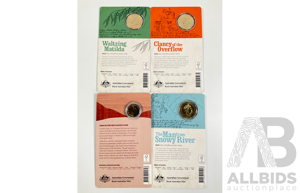 Three Australian RAM 2020 Fifty Cents, Treasured Australian Poetry Banjo Paterson Man From Snowy River, Clancy of the Overflow, Waltzing Matilda, 2024 One Dollar, Cobb & Co, Centenary of the Last Coach Passenger Service in Australia