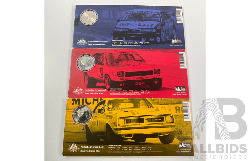 Three Australian RAM 2018 High Octane Commemorative Coloured Fifty Cent Coins