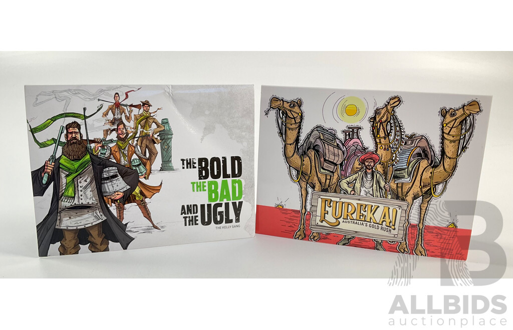 Two Australian RAM Four One Dollar Coin Sets, 2020 Eureka with Privy Marks, and 2019 Bold, Bad and Ugly with Privy Marks