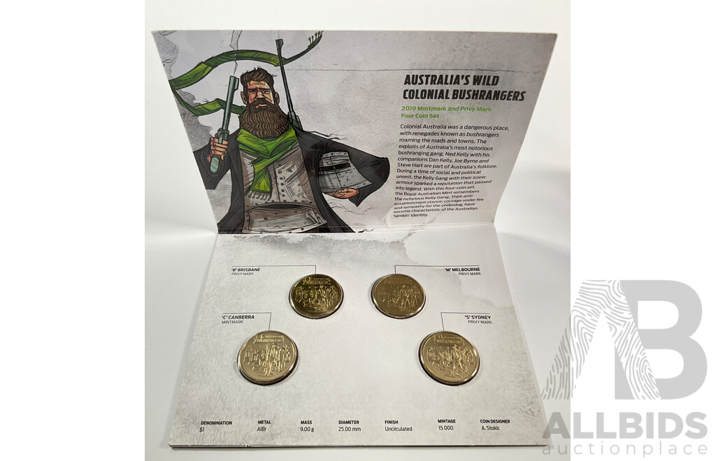 Two Australian RAM Four One Dollar Coin Sets, 2020 Eureka with Privy Marks, and 2019 Bold, Bad and Ugly with Privy Marks