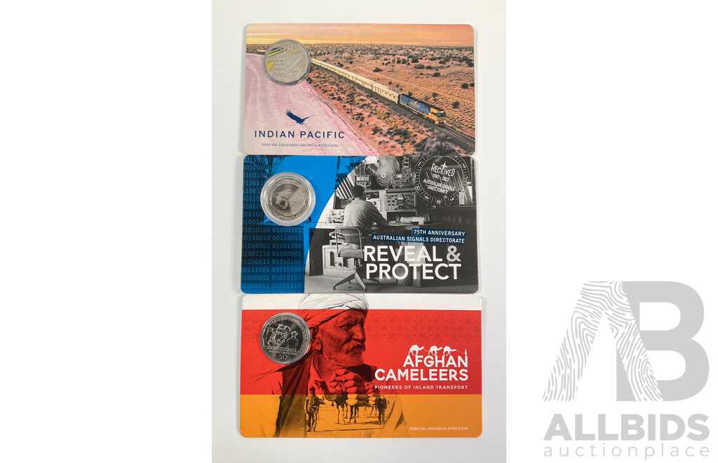 Three Australian RAM Commemorative Fifty Cent Coins Including 2020 Indian Pacific, 2020 Afghan Cameleers, 2022 Reveal and Protect