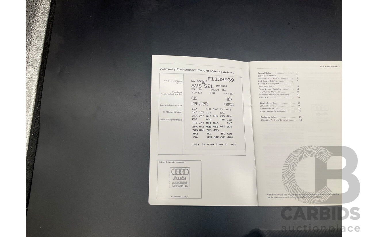 8/2015 Audi S3 2.0 TFSI Quattro 8V MY15 4d Sedan Glacier White Turbo 2.0L