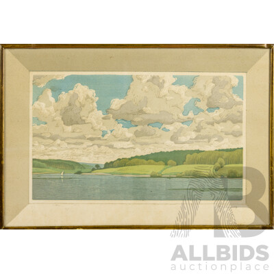 Yu.V.Kuzmin (20th Century, Soviet, Working c1970s), Oka River (1979), Wonderful Original Colour Linocut, 24 x 35 cm (frame)