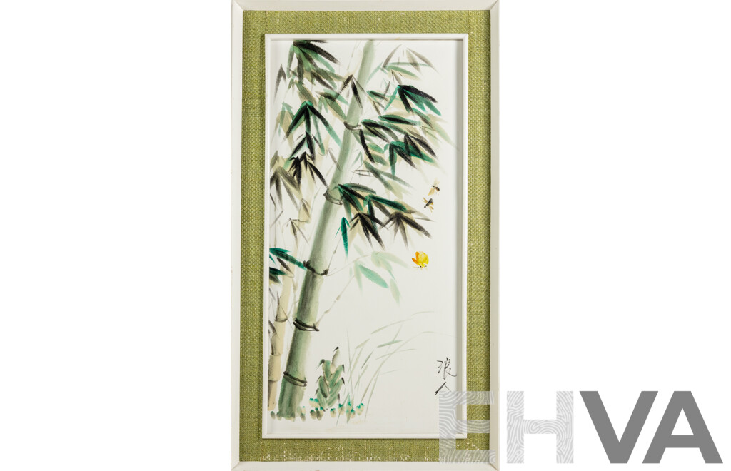 Artist Unknown, (20th Century, Asian School), Bamboo, Bugs and Butterfly, Original Vintage Ink and Wash on Canvas, 90 x 50 cm (frame)