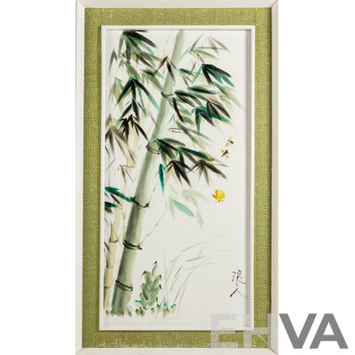 Artist Unknown, (20th Century, Asian School), Bamboo, Bugs and Butterfly, Original Vintage Ink and Wash on Canvas, 90 x 50 cm (frame)