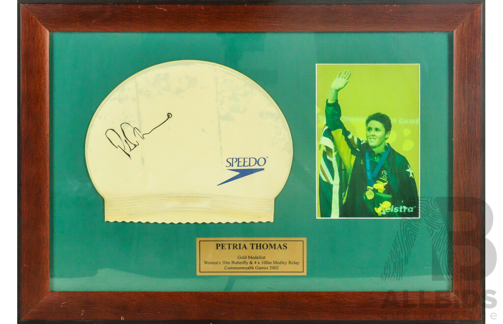 Petria Thomas 2002 Commonwealth Games Gold Medallist Signed Swimming Cap, 38 x 55 cm (frame)