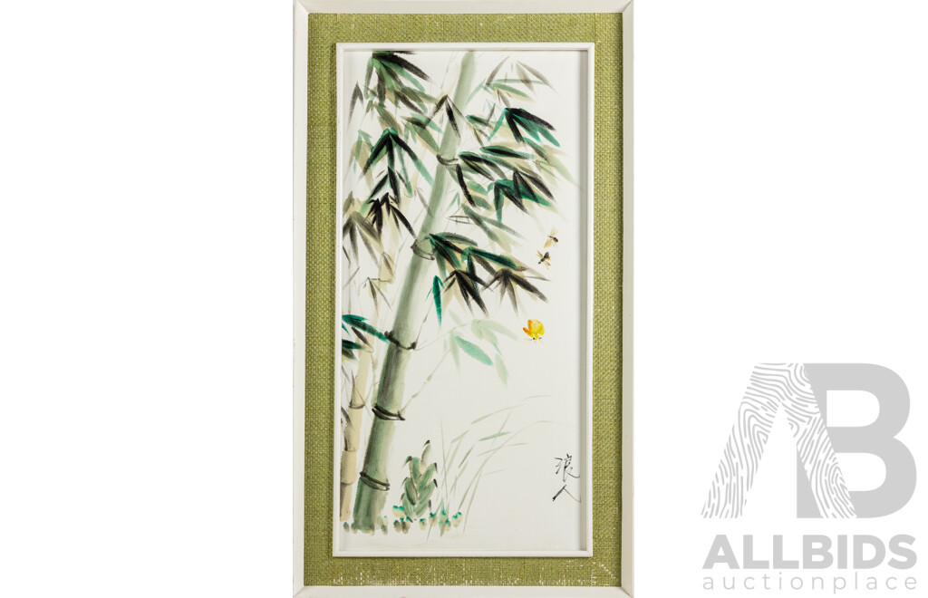 Artist Unknown, (20th Century, Asian School), Bamboo, Bugs and Butterfly, Original Vintage Ink and Wash on Canvas, 90 x 50 cm (frame)