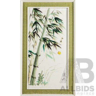 Artist Unknown, (20th Century, Asian School), Bamboo, Bugs and Butterfly, Original Vintage Ink and Wash on Canvas, 90 x 50 cm (frame)