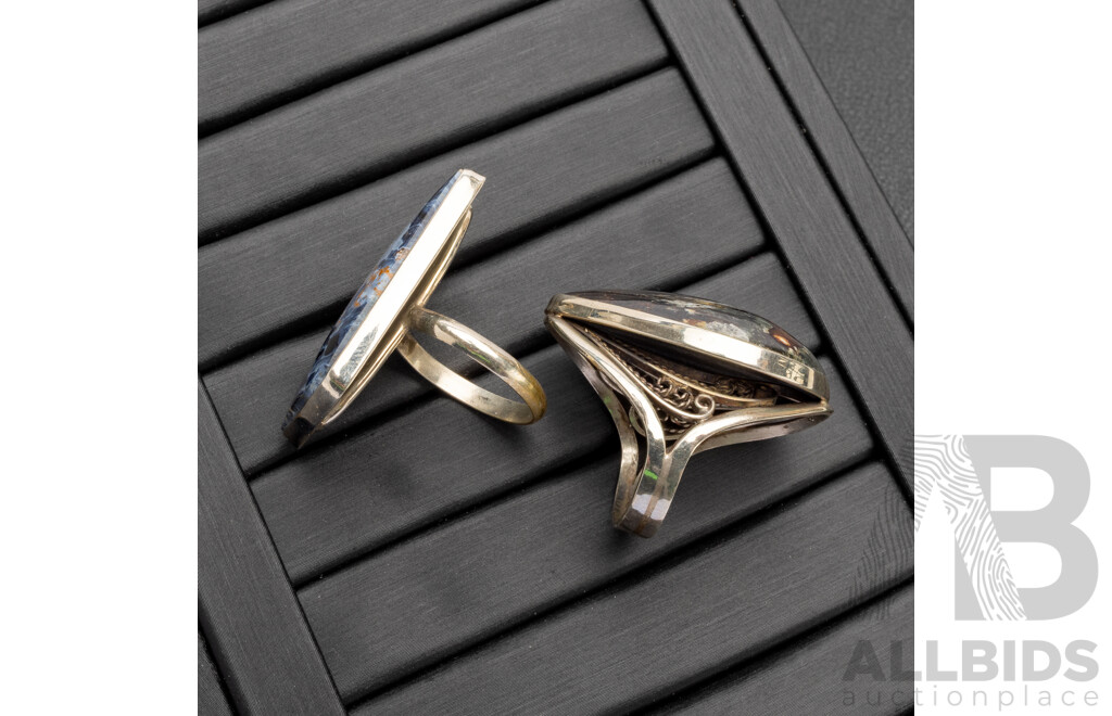 Silver Plated Base Metal Rings, Lapis Lazuli and Schorl Stones - Lot of 2