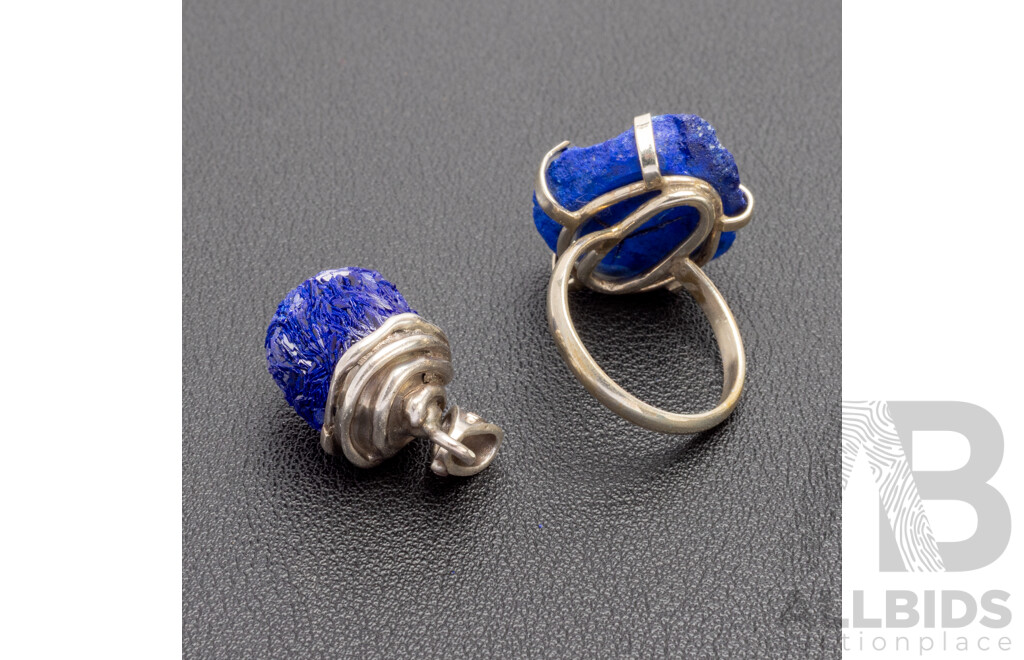 925 Silver Pendant and Silver Plated Base Metal Ring with Blue Druzy Quartz - Lot of 2