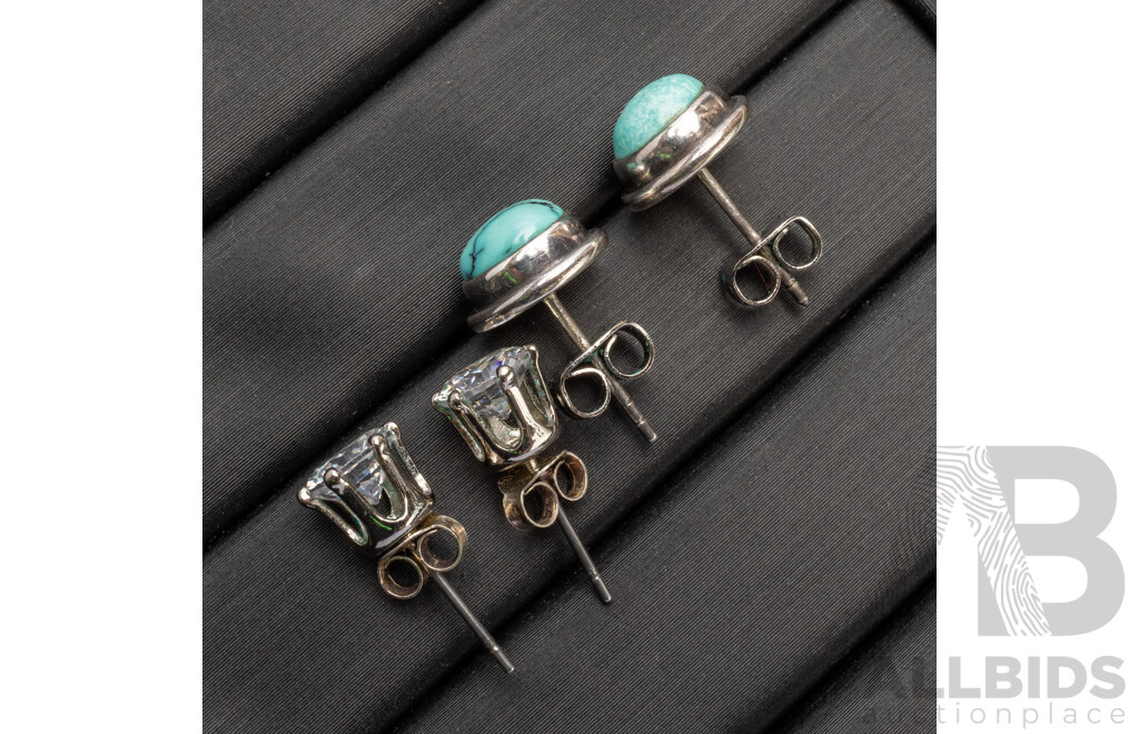 925 Sterling Silver Turquoise Stud Earrings and Silver Plated Base Metal CZ Stud Earrings - Lot of 2