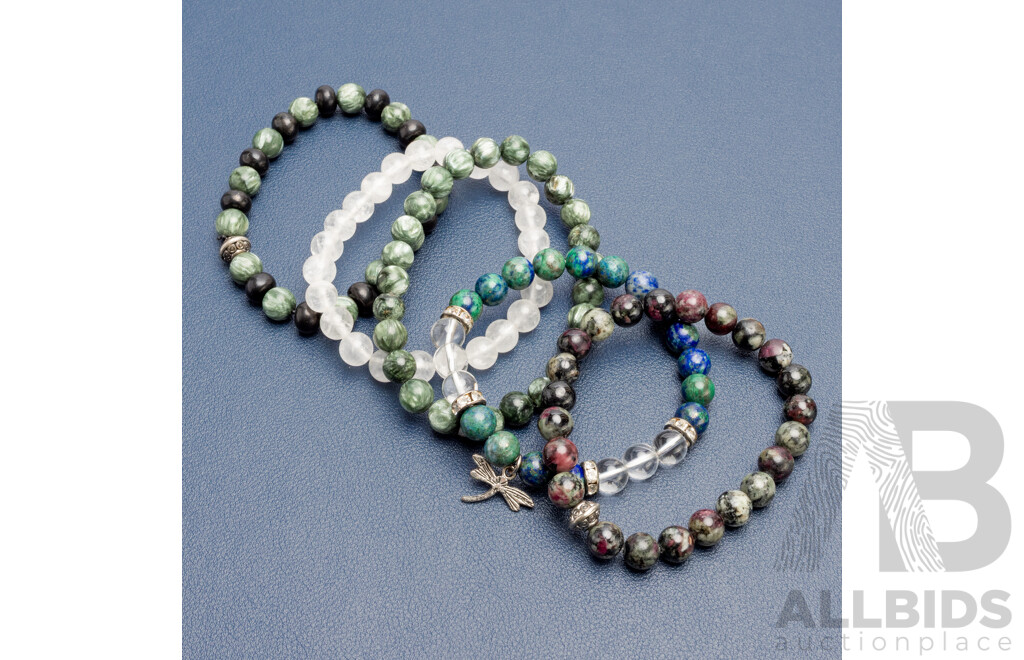 Stretch Beaded Bracelets with Natural Chrysocolla, Serpentine, Onyx, Rubizoisite, Quartz - Lot of 5