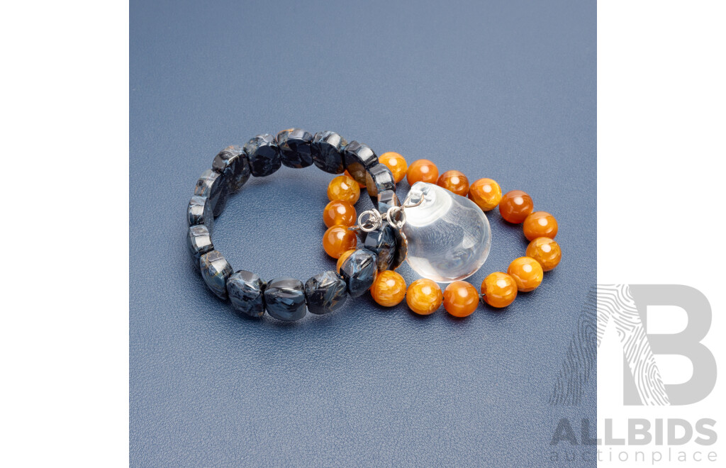 Stretch Beaded Bracelets with Natural Black Obsidian, Tigers Eye. Crystal Pear Decoration - Lot of 3