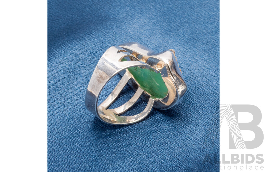 925 Sterling Silver Semi Cut Moss Agate Ring - Size R.5