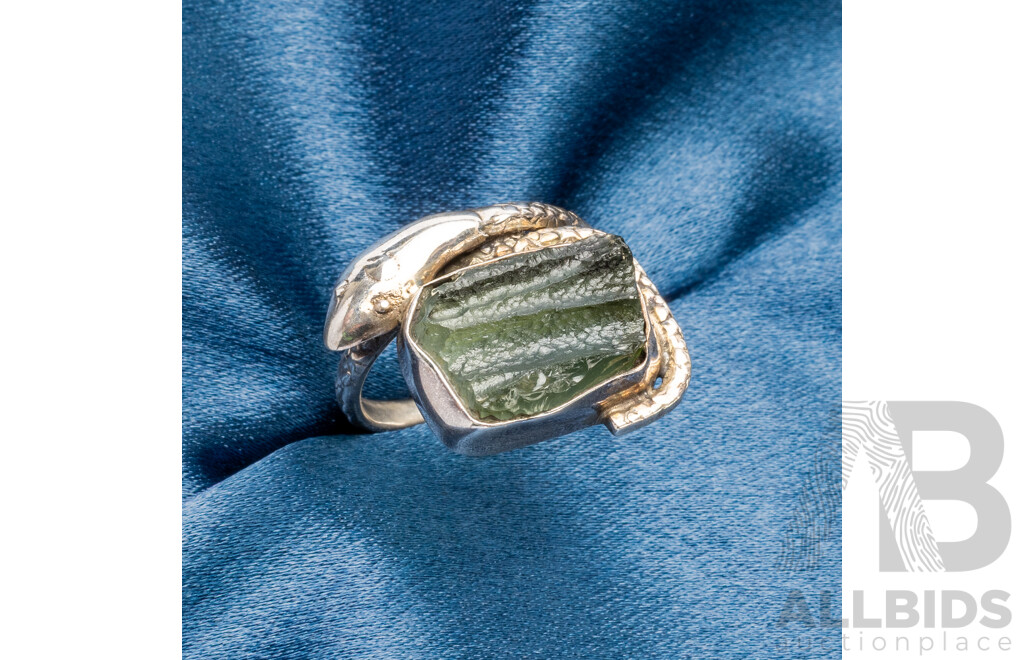 Silver Wrapped Serpent with Moldavite Ring - Size Q.5