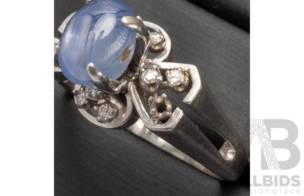 9ct White Gold Ring with Cabochon Pale Blue Topaz and Old Cut Diamonds - Size T.5