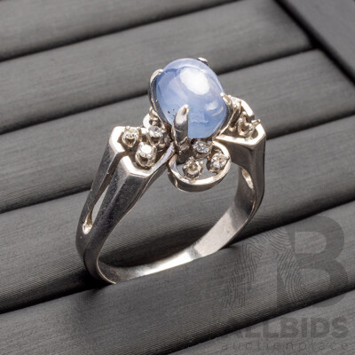 9ct White Gold Ring with Cabochon Pale Blue Topaz and Old Cut Diamonds - Size T.5