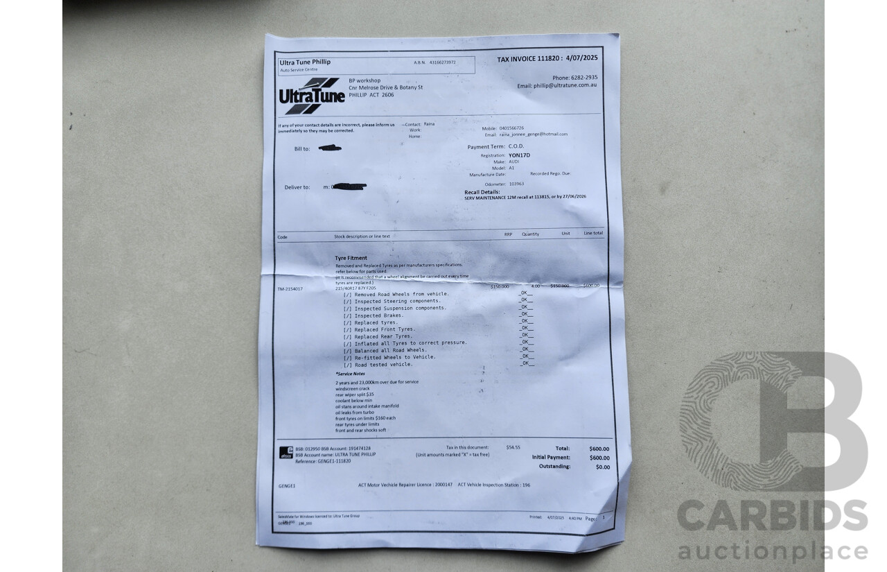 11/2015 Audi A1 Sportback 1.0 TFSI 8X MY15 5d Hatchback White 1.0L