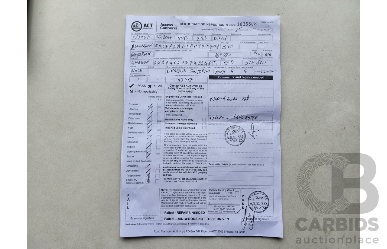 6/2014 Range Rover Evoque SD4 PURE LV MY14 5d Wagon Black 2.2L