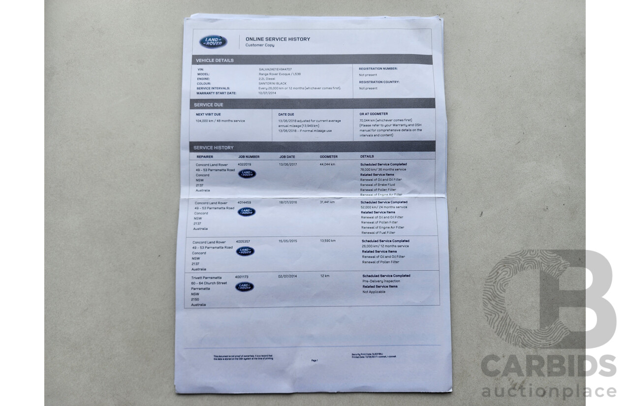 6/2014 Range Rover Evoque SD4 PURE LV MY14 5d Wagon Black 2.2L