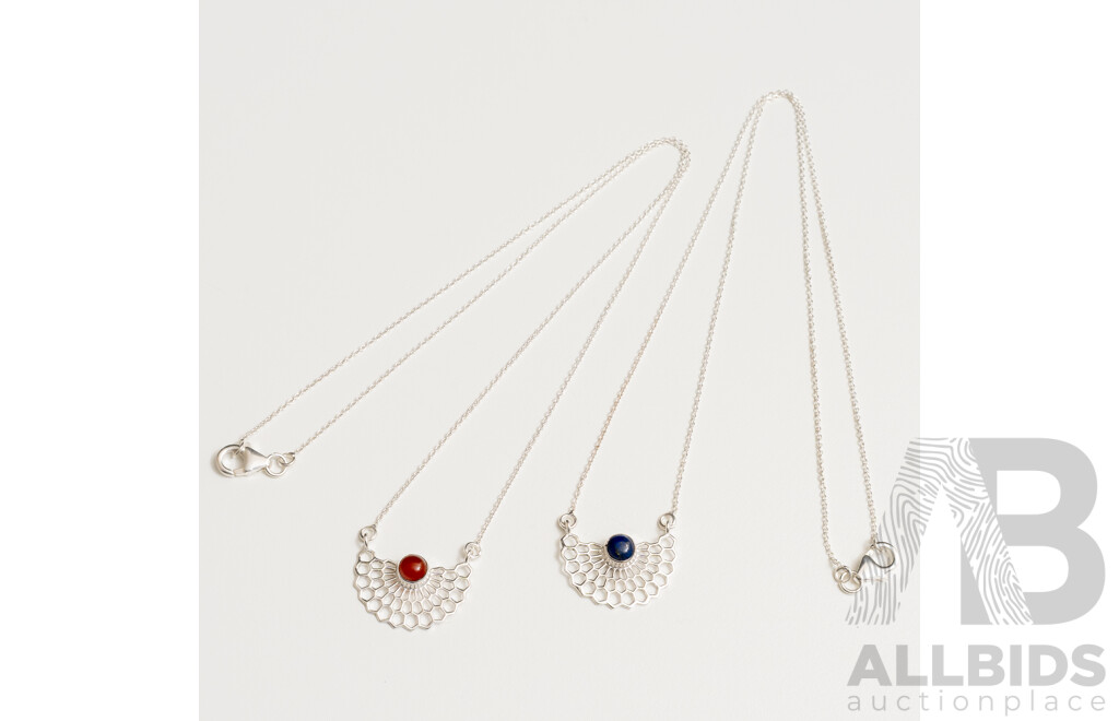 925 Sterling Silver Half Honeycomb Lattice Pendant Necklaces with Carnelian and Lapis Lazuli. Lot of 2 - 5.17gms