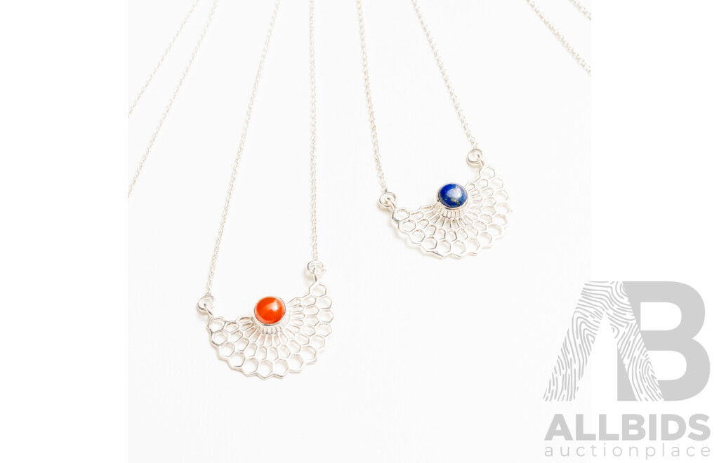 925 Sterling Silver Half Honeycomb Lattice Pendant Necklaces with Carnelian and Lapis Lazuli. Lot of 2 - 5.17gms
