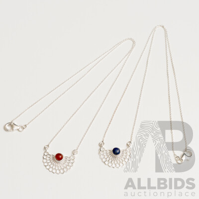 925 Sterling Silver Half Honeycomb Lattice Pendant Necklaces with Carnelian and Lapis Lazuli. Lot of 2 - 5.17gms