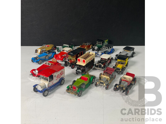 Seventeen Diecast Classic Vehicles Including Sixteen Matchbox Models of Yesteryear Spanning 1900's to 1950's