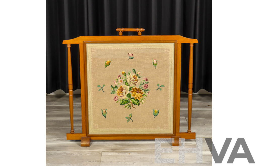 Vintage Oak Tapestry Fire Screen