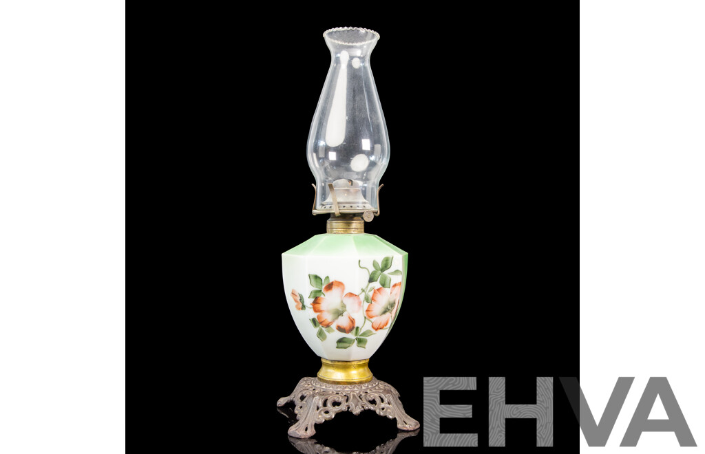 Antique Oil Lamp with Pink Floral Design