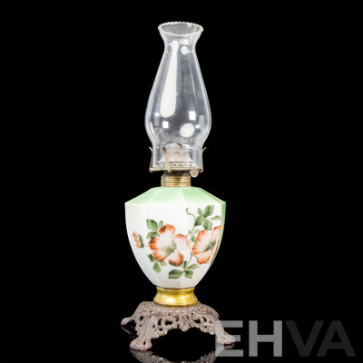 Antique Oil Lamp with Pink Floral Design