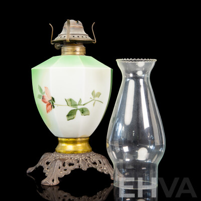 Antique Oil Lamp with Pink Floral Design