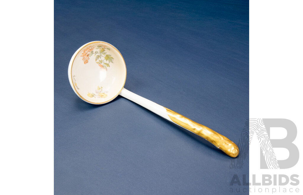 Porcelain Ladle with Floral Pattern and Gold Handle