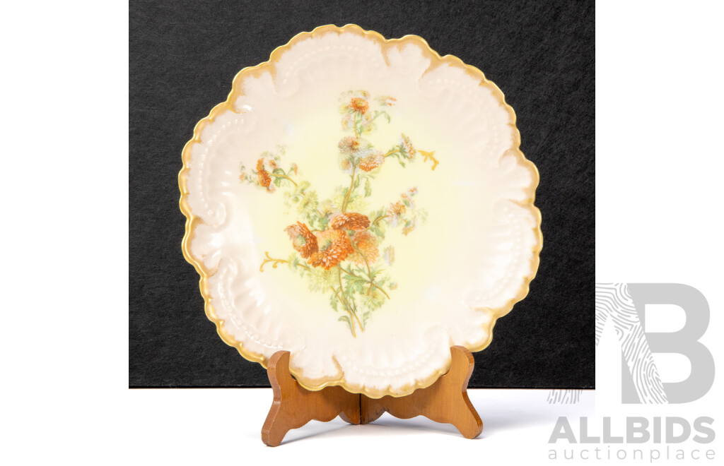W&G Limoges France Decorative Floral Plate with Wooden Display Stand