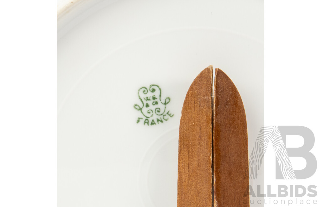 W&G Limoges France Decorative Floral Plate with Wooden Display Stand