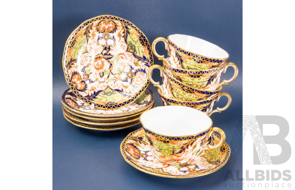 11 Piece Porcelain Royal Crown Derby Imari Teacup & Saucer Set