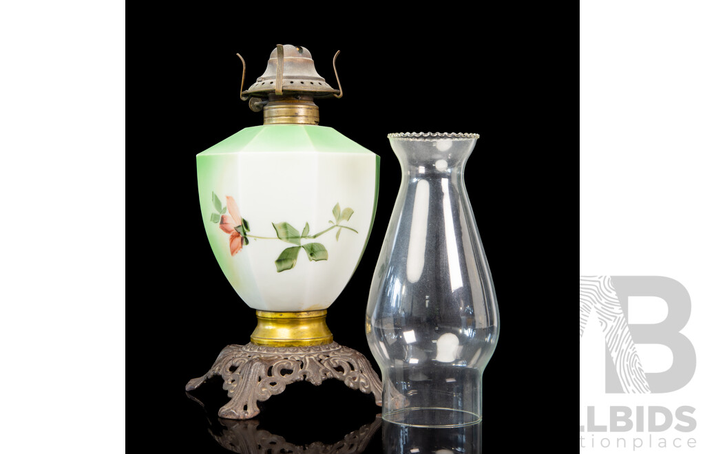 Antique Oil Lamp with Pink Floral Design