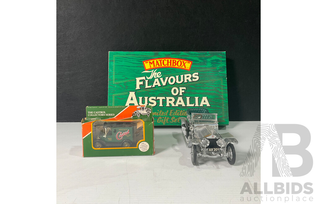 Matchbox Diecast Flavors of Australia Limited Edition Gift Set with Lledo Castrol Ford Van and Franklin Mint 1907 Rolls Royce Silver Ghost