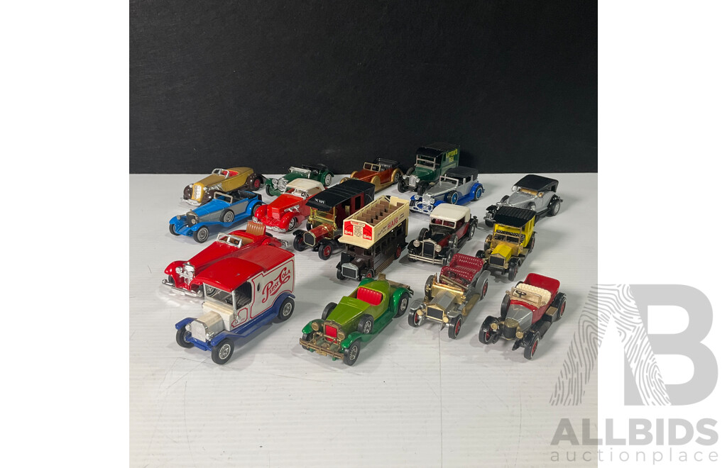 Seventeen Diecast Classic Vehicles Including Sixteen Matchbox Models of Yesteryear Spanning 1900's to 1950's