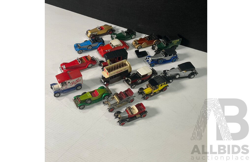 Seventeen Diecast Classic Vehicles Including Sixteen Matchbox Models of Yesteryear Spanning 1900's to 1950's